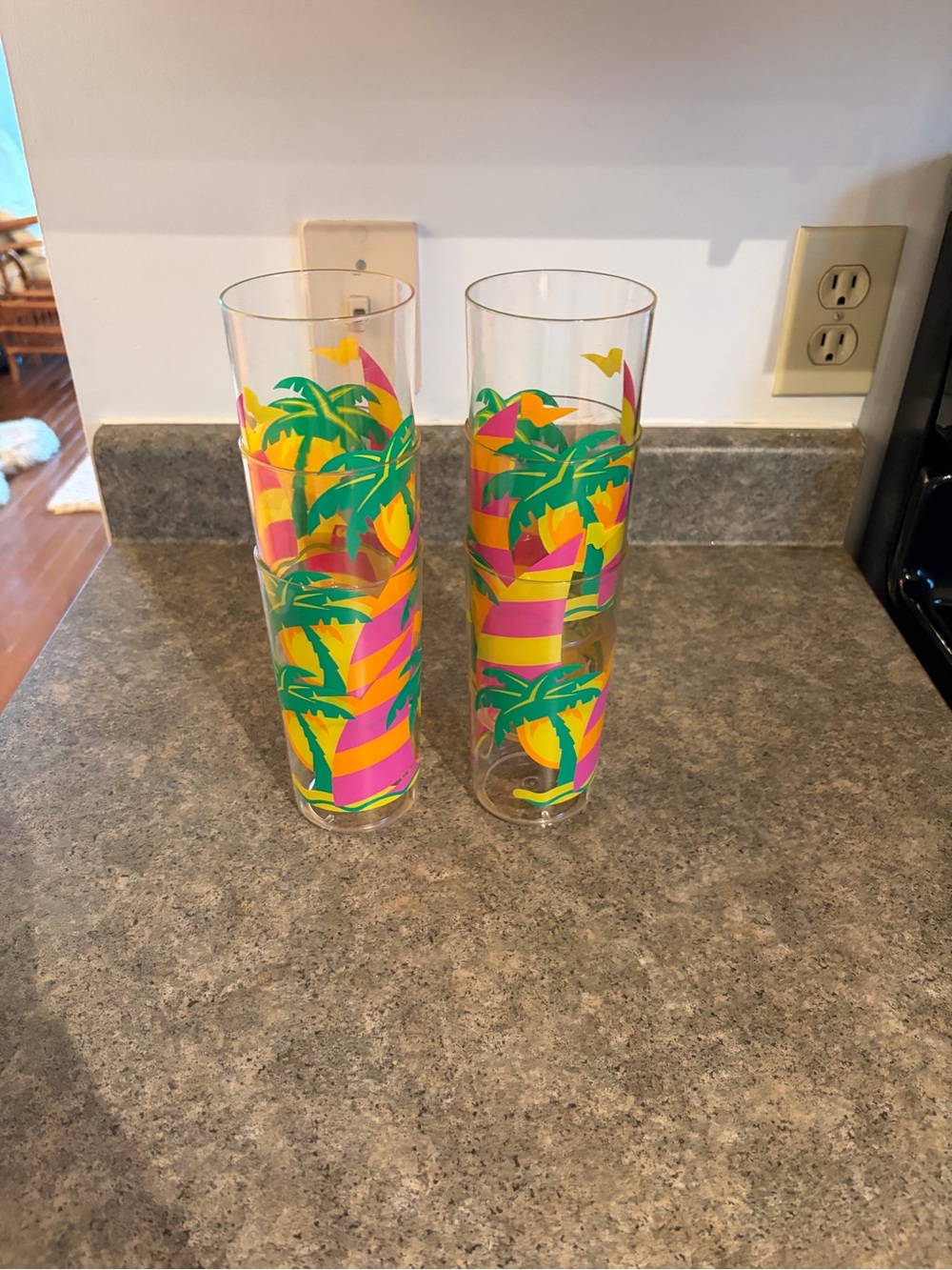 Tall Tropical Palm Print Plastic Glasses - Pink, Yellow & Green -6 Vintage